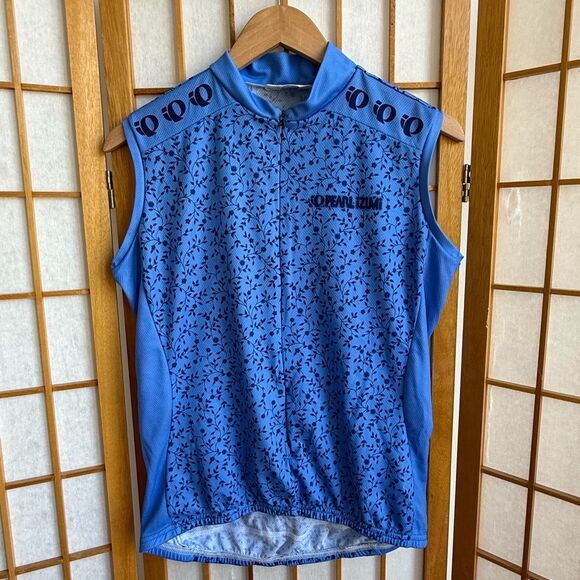 Pearl Izumi Zip Front Floral Sleeveless Cycling Top in Blue/Navy Floral | Large - Picture 1 of 5